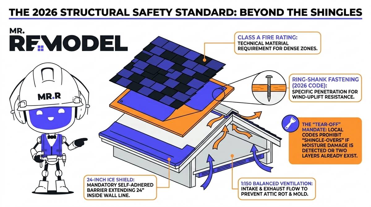 A 2026 technical roofing summary infographic illustrating the four mandatory protective layers required by modern building codes, including ice shields, balanced ventilation, and ring-shank fastening.
